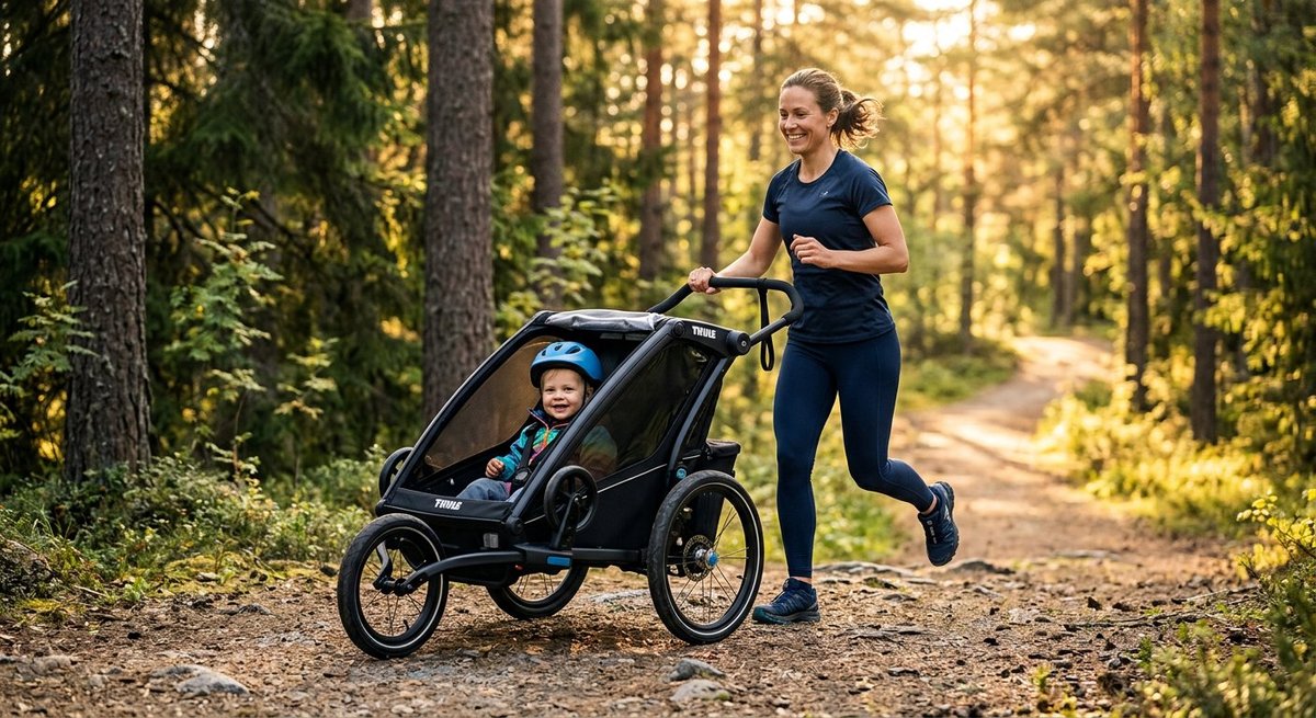 Maminka běží lesem s dítětem ve vozíku Thule Chariot Sport – půjčovna Aktivní Rodinka Zlín